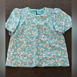 Draper James Aqua Floral Smocked Neck Blouse